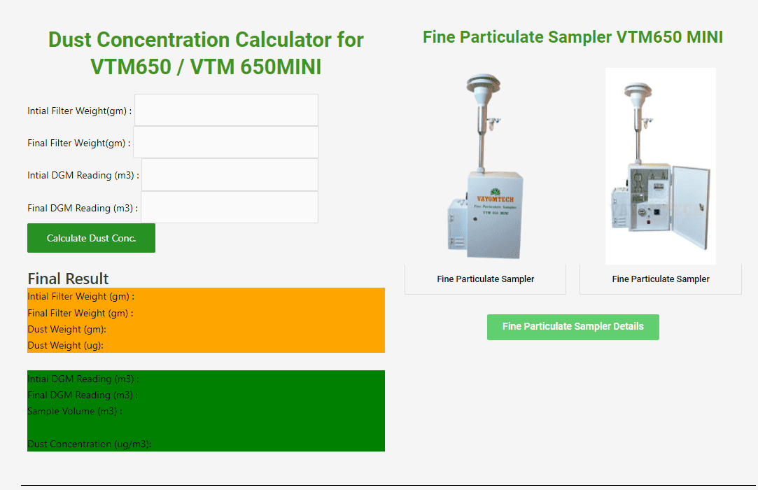 Dust Concentration Calculator for Fine Dust Sampler VTM650